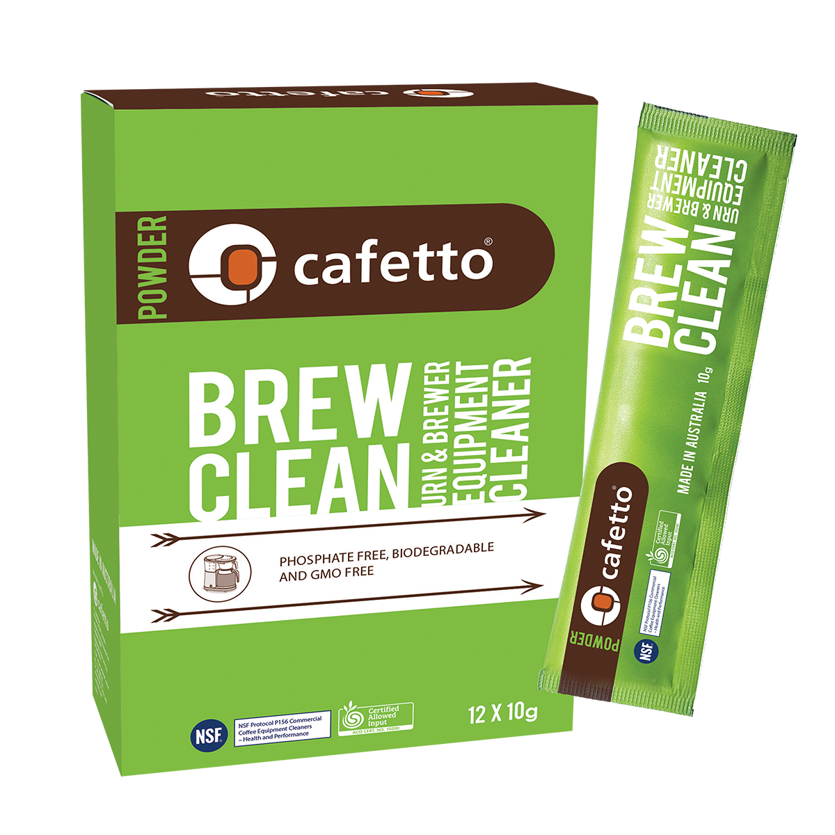 Grøn æske og pose med Cafetto Brew Clean. Etiketten lyder "Urn & Brewer Equipment Cleaner," med detaljer som "phosphate free", "bionedbrydeligt" og "GMO fri." Æsken indeholder 12 poser.