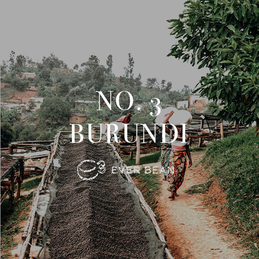 En person spadserer ved siden af at tørre burundiske kaffebønner arrangeret på forhøjede borde midt i Burundis grønne, bølgende bakker. Teksten "No. 3 Burundi" og logoet for "EverBean" er overlejret på scenen, hvilket tyder på, at disse er de ideelle bønner til din næste Aeropress Smagspakke-bryg fra EverBean.