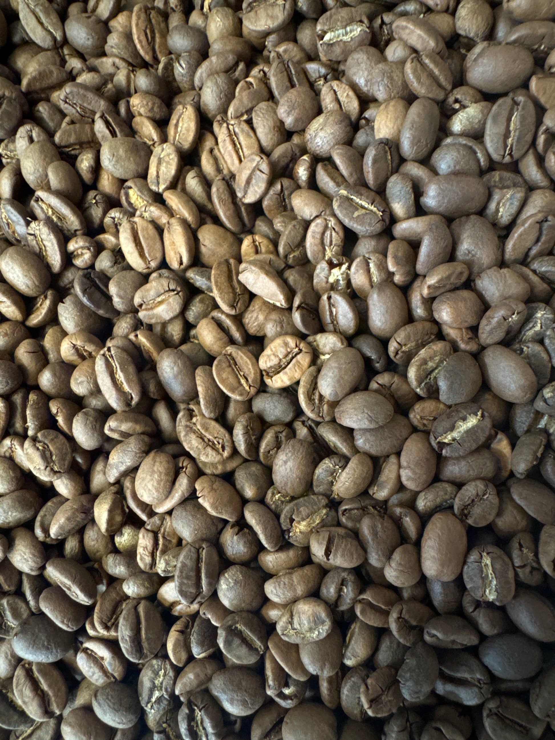 Dette billede viser et nærbillede af en stor bunke kaffebønner. Bønnerne er mellemristede og viser en række brune nuancer og en let blank overflade på grund af deres naturlige olier. De er ujævnt spredt og viser deres forskellige former og størrelser, perfekt til brygning med en hældningsmetode. Disse særlige bønner er nr. 03 · Burundi fra EverBean.