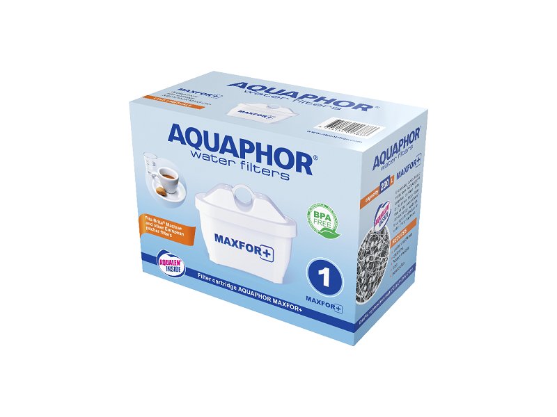 Aquaphor Maxfor+ Vandfilter-boksen, velegnet til BRITA Kander, fremhæver MAXFOR+ teknologien. Den viser filter- og kopbilleder, mens den fremhæver BPA-fri og Maxfor+ branding. En etiket bekræfter, at den indeholder ét AQUAPHOR MAXFOR+ udskiftningsfilter til effektiv vandfiltrering.