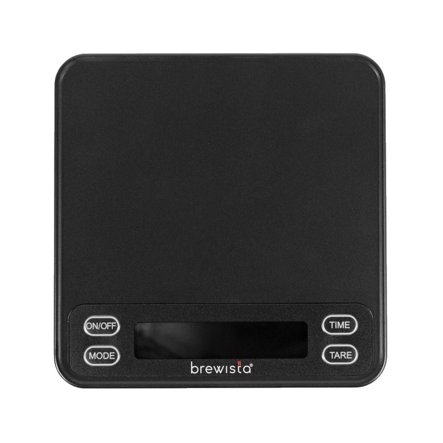 Brewista Smart Scale 3 kan prale af en slank sort rektangulær platform med fire knapper: "ON/OFF", "MODE", "TARE" og "TIME". Perfekt til at dryppe espresso, Brewista-mærkenavnet vises elegant over det digitale display.