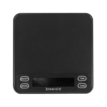 Brewista Smart Scale 3 kan prale af en slank sort rektangulær platform med fire knapper: "ON/OFF", "MODE", "TARE" og "TIME". Perfekt til at dryppe espresso, Brewista-mærkenavnet vises elegant over det digitale display.