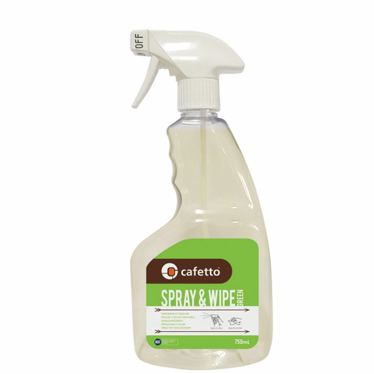 En klar 500 ml rengøringssprayflaske med hvid dyse og håndtag, mærket "Cafetto Spray and Wipe Cleaner." Den grønne etiket har hvid tekst og et brunt og hvidt logo over produktnavnet. Dysen har en synlig "off"-markering. Perfekt til at holde din espressomaskine pletfri.