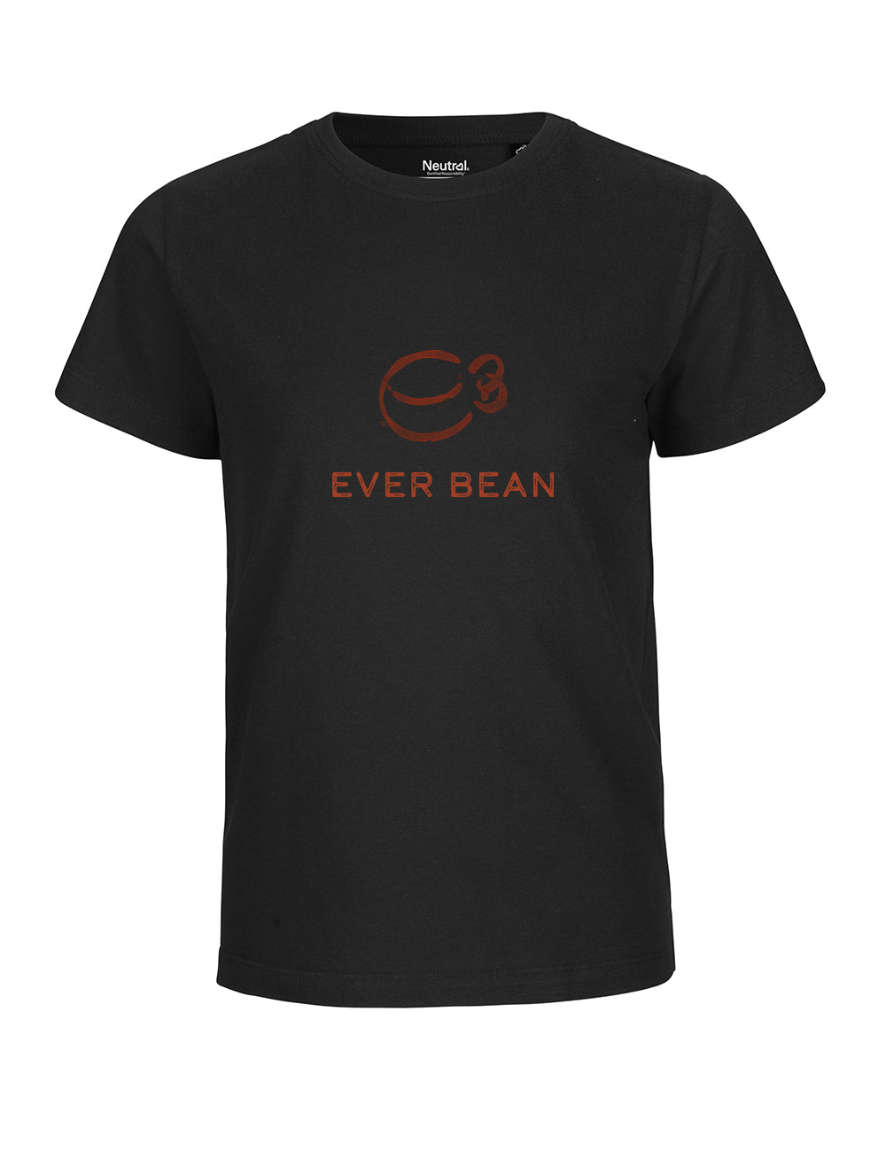 En sort Neutral, Tee, Junior med et minimalistisk design med et omrids af en kaffekop og teksten "Ever Bean" med fed rød skrift på forsiden. Skjorten er lavet af fairtrade bomuld og har korte ærmer og rund halsudskæring, hvilket sikrer både komfort og bæredygtighed.