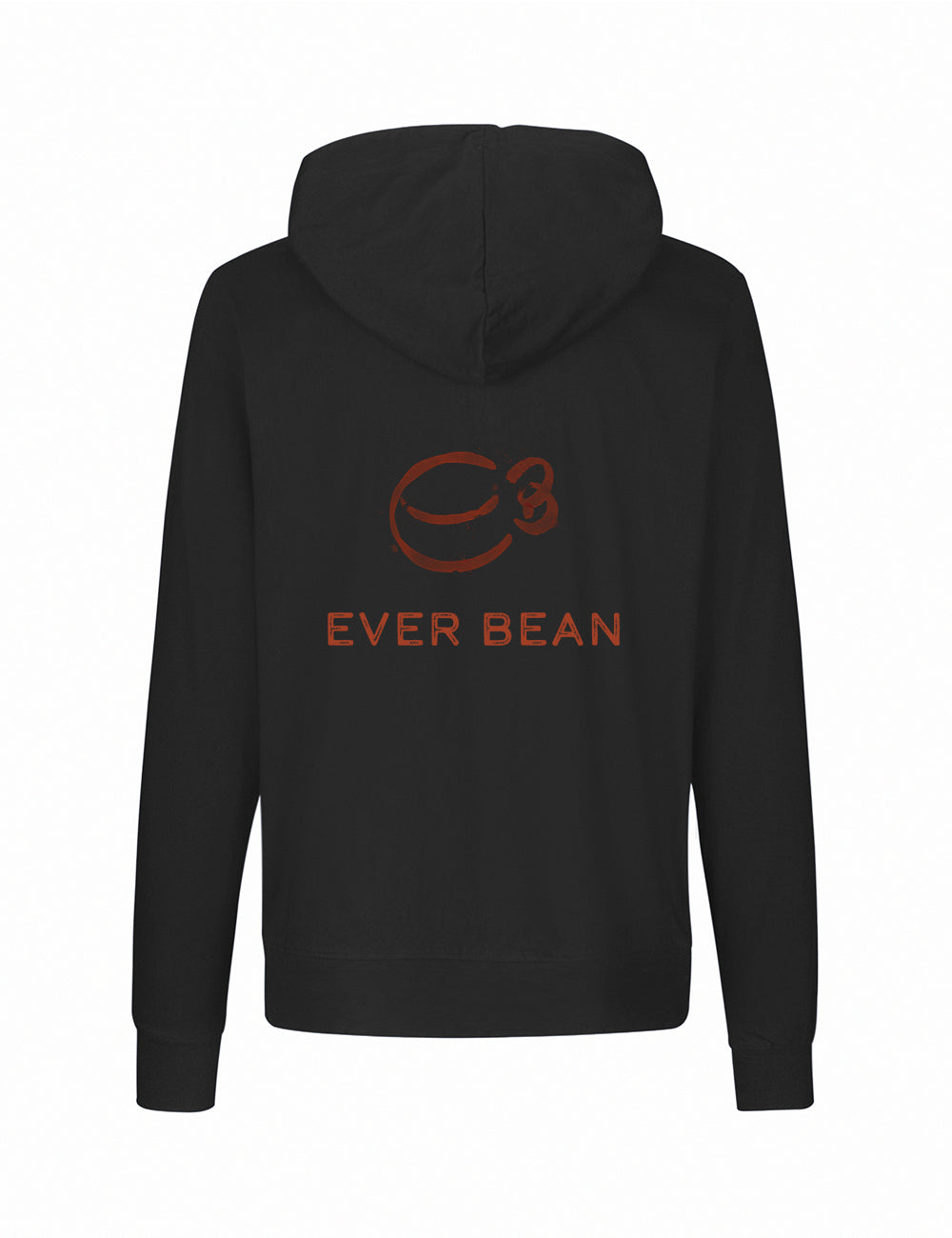 En sort Neutral, Hoodie Zip, Herre vises med ryggen mod beskueren. Bagsiden har et orange logo af en stiliseret kaffebønne med teksten "C3" over den og "EVER BEAN" under den i orange skrift. Denne hættetrøje er lavet af fairtrade bomuld og har en hætte med snøre og lange ærmer fra Neutral.