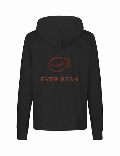 En sort Neutral, Hoodie Zip, Herre vises med ryggen mod beskueren. Bagsiden har et orange logo af en stiliseret kaffebønne med teksten "C3" over den og "EVER BEAN" under den i orange skrift. Denne hættetrøje er lavet af fairtrade bomuld og har en hætte med snøre og lange ærmer fra Neutral.