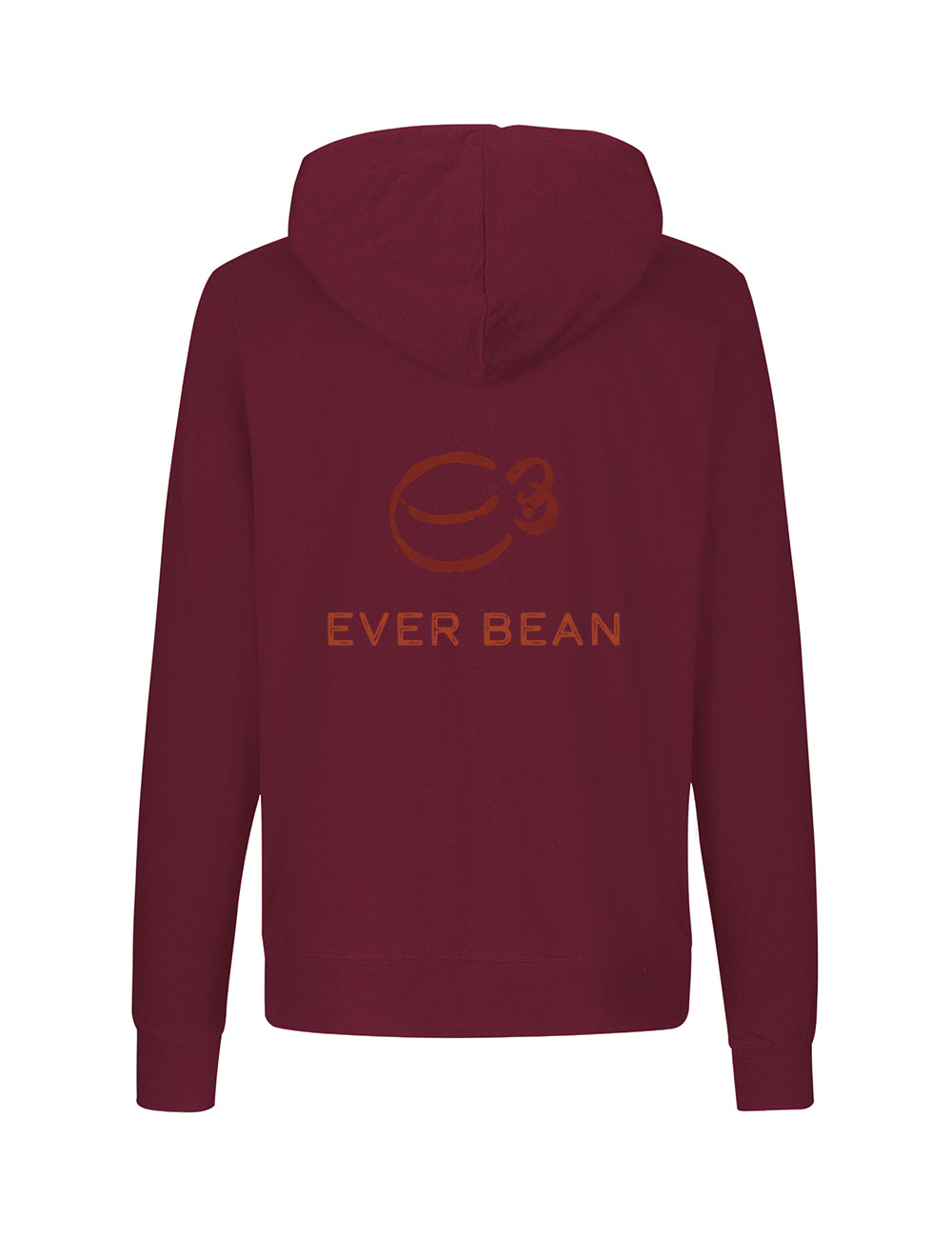 Neutral Burgundy Neutral, Hoodie Zip, Herre med hætte og lange ærmer. Bagsiden har en brun kaffebønne grafik og teksten "EVER BEAN" under den, lavet af fairtrade bomuld.