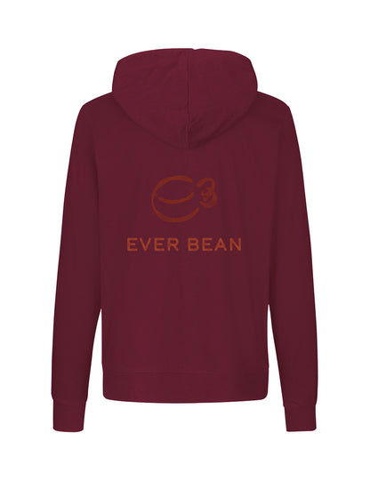 Neutral Burgundy Neutral, Hoodie Zip, Herre med hætte og lange ærmer. Bagsiden har en brun kaffebønne grafik og teksten "EVER BEAN" under den, lavet af fairtrade bomuld.