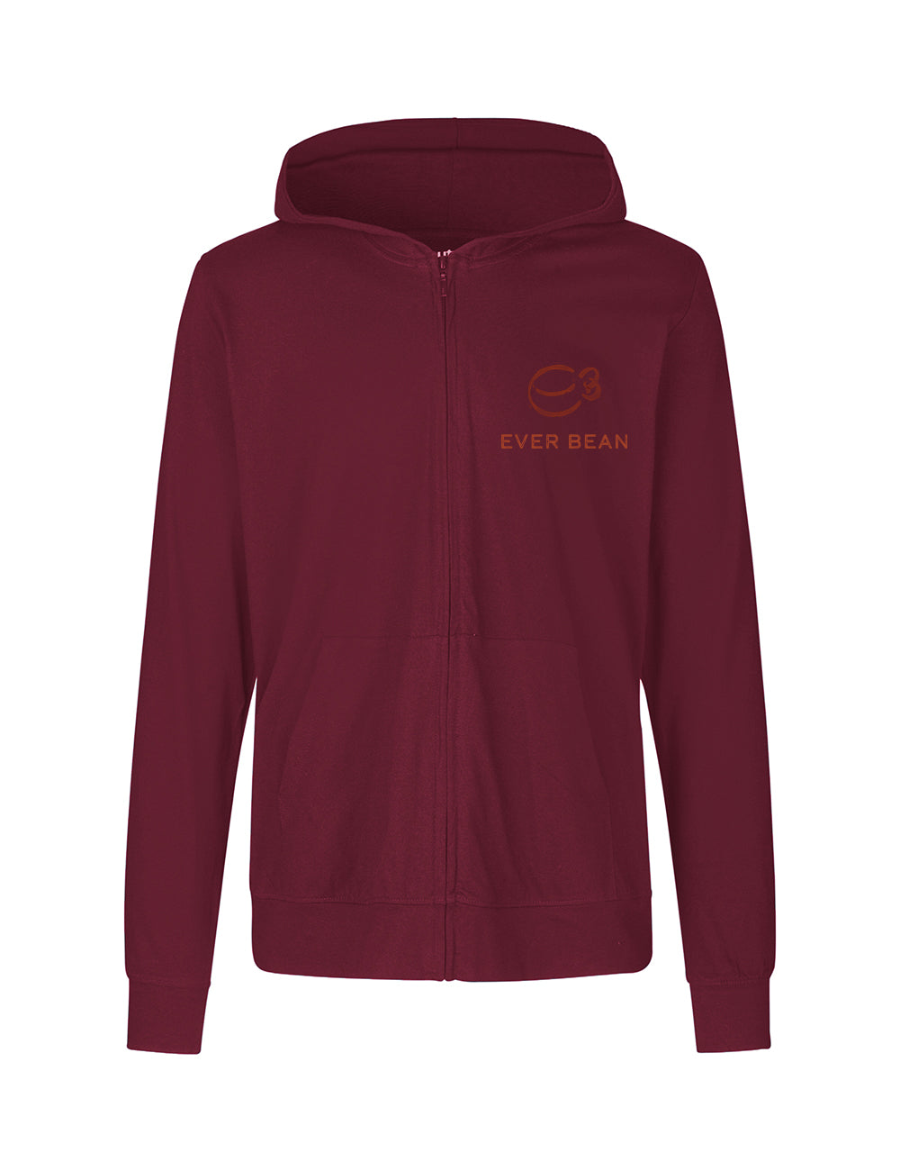 En rødbrun-farvet lynlås Neutral, Hoodie Zip, Herre med en frontlomme. Hættetrøjen har et orange kaffebønne-logo og teksten "EVER BEAN" på brystet. Den er lavet af fairtrade bomuld og har et enkelt, rent design med en hætte og lange ærmer, der sikrer, at din komfort stemmer overens med etiske certificeringer.