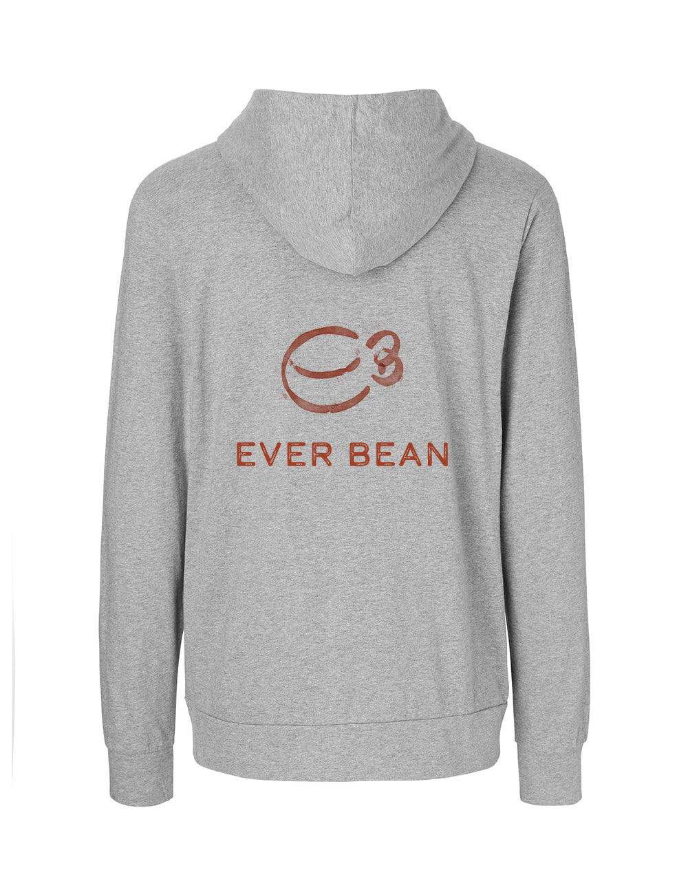 Set bagfra af en Neutral Hoodie Zip Herre i grå med "Ever Bean"-logoet. Logoet indeholder et omrids af en kaffebønne med den stiliserede tekst "C3" inde i bønnen, og under den er ordene "Ever Bean" skrevet med store bogstaver. Lavet med fairtrade bomuld for et miljøvenligt touch.