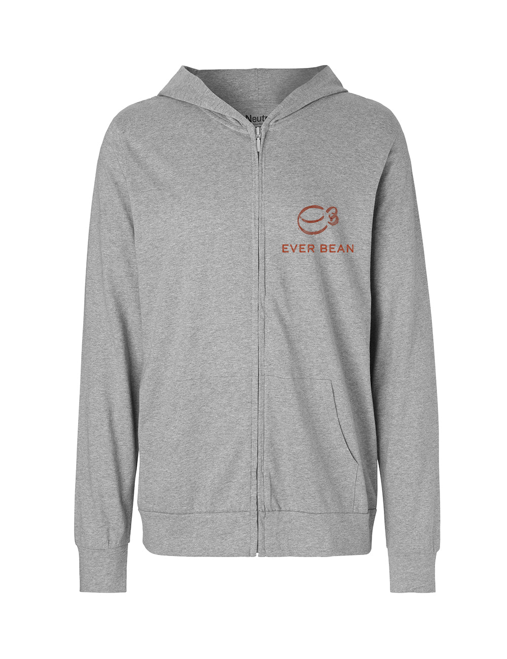 En grå hættetrøje med lynlås med hætte og lange ærmer med logoet og teksten "Ever Bean" på venstre brystområde. Logoet består af en stiliseret kaffekop i brun. Denne Neutral, Hoodie Zip, Herre fra Neutral, lavet af fairtrade bomuld, har frontlommer og et enkelt, komfortabelt design med certificeringer, du kan stole på.