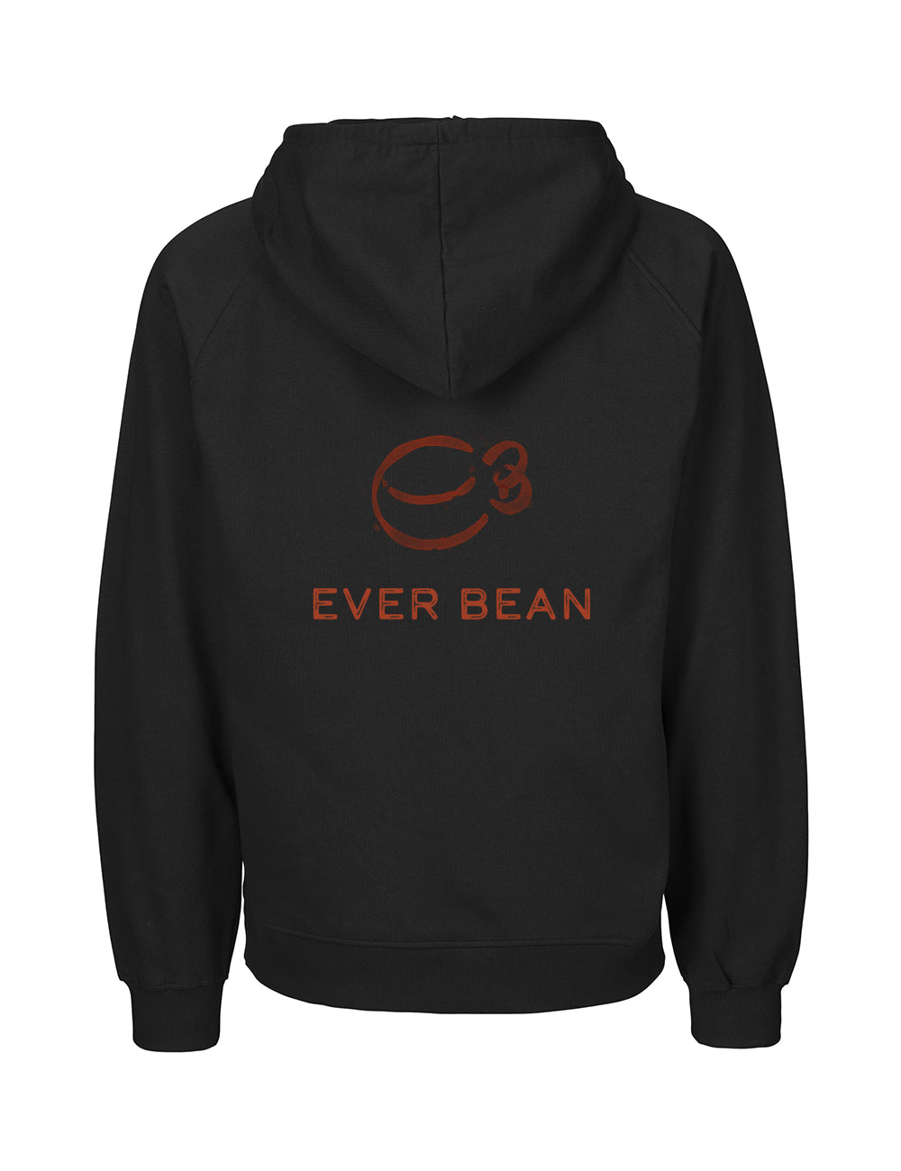 En sort, neutral, hættetrøje, herre er vist bagfra, med et rødt logo øverst på ryggen, der viser en stiliseret kaffebønne med cirkulære linjer og damp, der stiger op. Under logoet er ordene "EVER BEAN" trykt med rødt. Denne hættetrøje er lavet af Fairtrade bomuld, hvilket sikrer, at det er certificeret tøj, som du kan føle dig godt tilpas med.