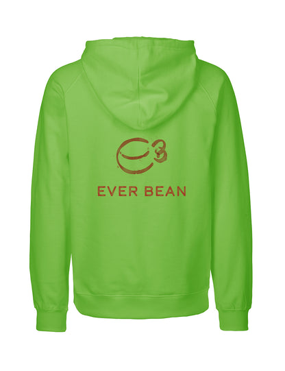 En lysegrøn Neutral, Hoodie, Herre med et stort kaffekoplogo og teksten "Ever Bean" centreret bagpå. Den er lavet af Fairtrade-bomuld og har en frontlomme og en hætte, der tilbyder et enkelt, afslappet design, der er både stilfuldt og etisk certificeret af Neutral.