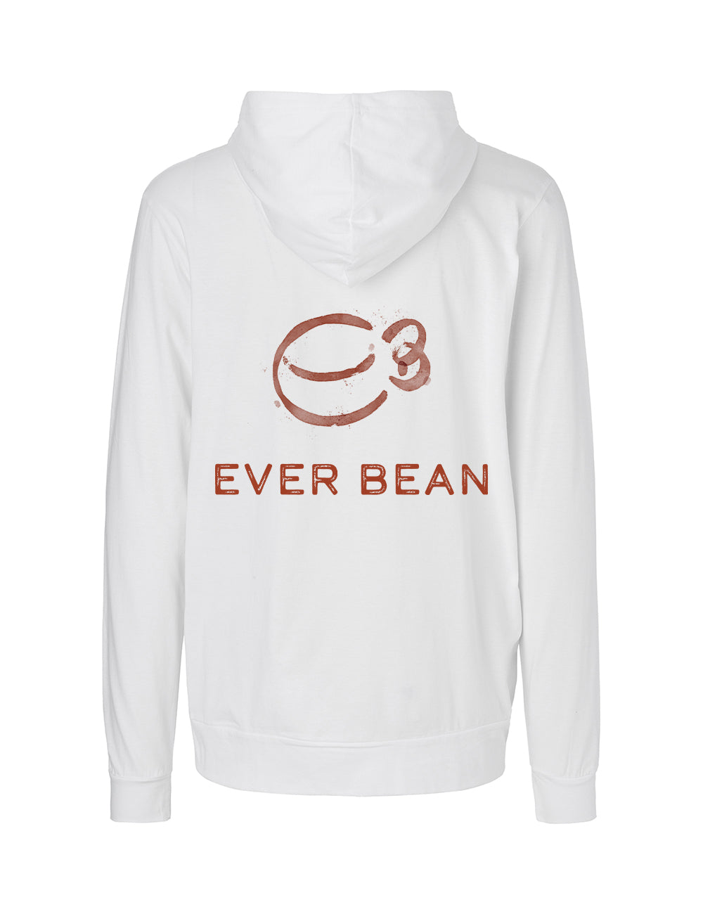 En lækker Neutral, Hoodie Zip, Herre med et brunt logo af en kaffekop med teksten "C3" over koppen. Under logoet er ordene "EVER BEAN" trykt i samme brune farve. Lavet af fairtrade bomuld, denne hvide hættetrøje har lange ærmer og en hætte for ultimativ komfort og stil fra Neutral.