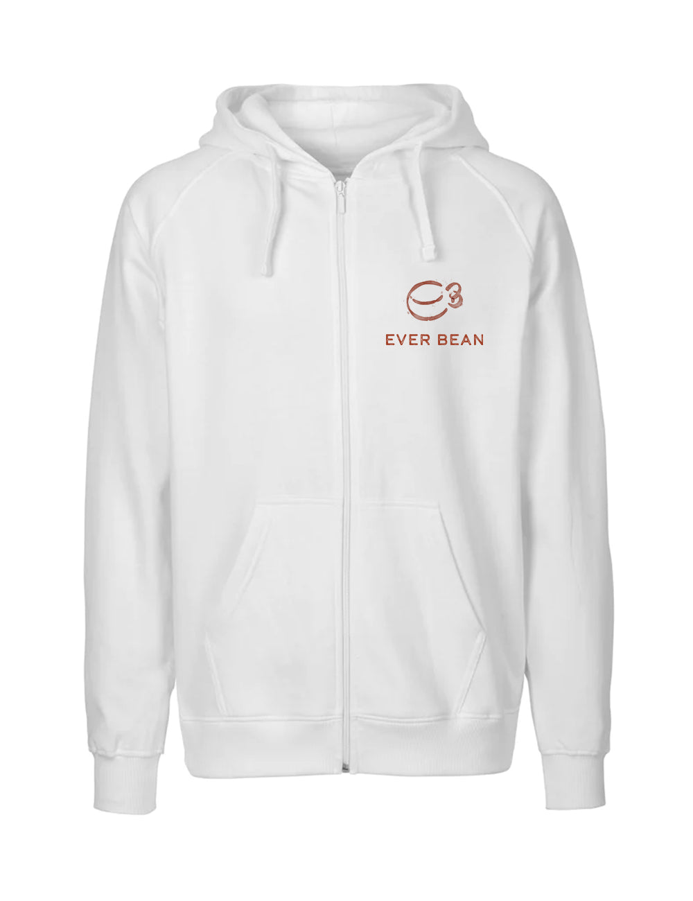 En lækker Neutral, Hoodie Zip, Herre med frontlommer og hætte med snøre. Denne hættetrøje er lavet af fairtrade-bomuld og har et lille broderet logo af en kaffekop med damp og ordene "EVER BEAN" på venstre brystområde.