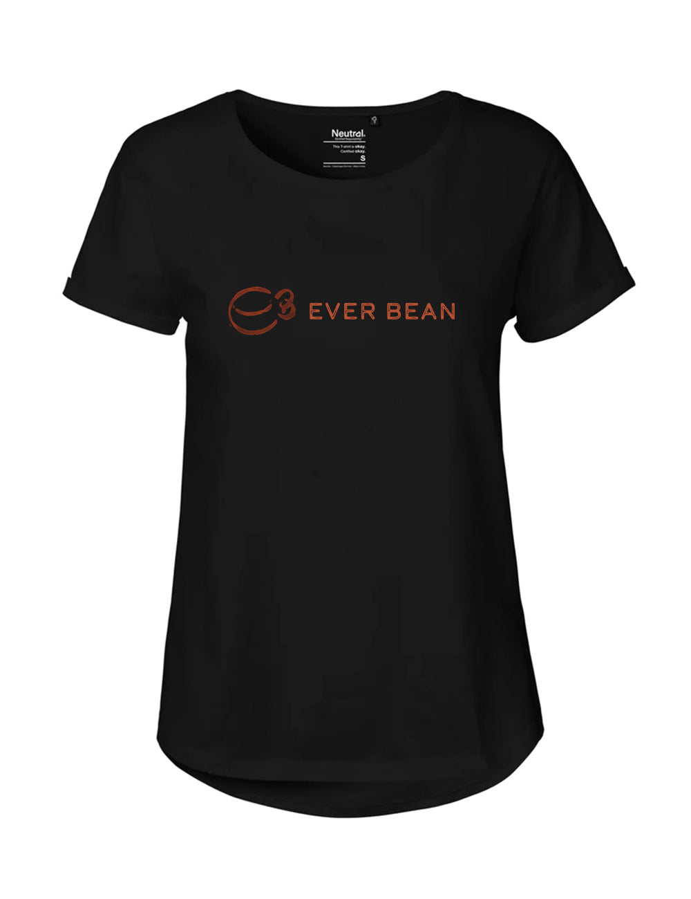 En sort, kortærmet, scoop-neck Neutral, Roll Tee, Dame har teksten "EVER BEAN" i orange sammen med et stiliseret kaffebønnelogo. Skjorten er lavet af fairtrade-bomuld og har en buet kant og viser Neutral®-mærket inde i halsudskæringen.