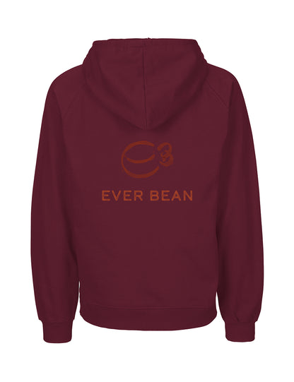 En rødbrun hættetrøje er vist bagfra. The Neutral, Hoodie, Herre har et orange logo af en kaffebønne med udtrykket "Ever Bean" trykt under sig. Beklædningen er lavet af Fairtrade bomuld og har en frontlomme og ribkanter ved ærmerne fra Neutral.