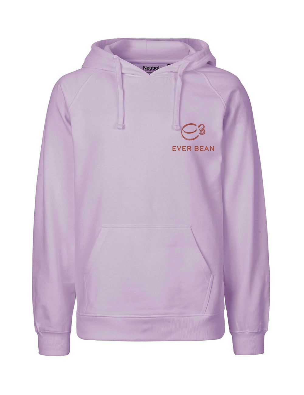 En lys lilla Neutral, Hoodie, Herre med "Neutral"-logoet trykt på venstre brystområde med orange bogstaver. Logoet inkluderer et stiliseret uendelighedssymbol sammenflettet med en kaffebønne. Denne Fairtrade bomuld hættetrøje har en kængurulomme foran og en hætte med snøre.