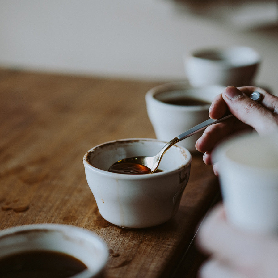 En hånd, der holder en Brewista Professional Cupping Spoon (Titanium - Guld) dypper ned i en lille keramisk kop fyldt med kaffe på en træoverflade. I baggrunden er flere kopper delvist synlige, hvilket antyder en kaffesmagning.