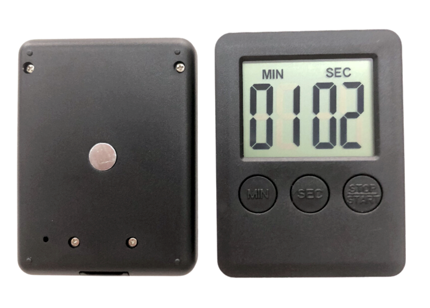 Joe Frex, Timer med display, har to sorte digitale timere med slanke LCD-skærme. Den ene viser "01:02" og inkluderer knapperne "MIN", "SEC" og "STOP/START". Den anden afslører bagsiden med et batterirum og metalskive, ideelt som kaffetilbehør til præcis brygningskontrol.