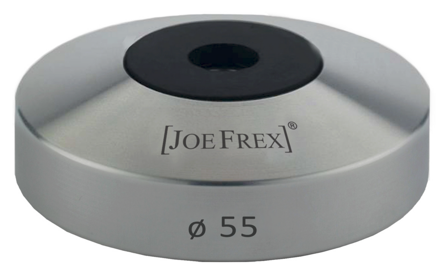 Joe Frex Stamper Base Classic Alu. 58 mm har en metallisk skiveform med en sort midte og "JOE FREX" på siden, hvilket sikrer præcision ved hvert tryk.