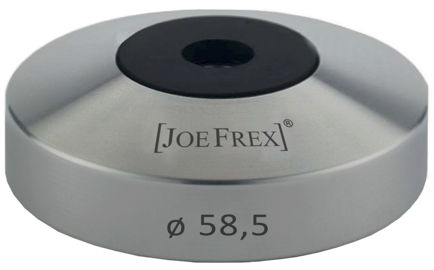 Joe Frex Stamper Base Classic Alu. 58 mm har et elegant indgraveret mærke, en metallisk finish med cirkulære skrå kanter og en central sort indsats. Dens ø 58 mm diameter er tydeligt markeret i bunden for præcision.