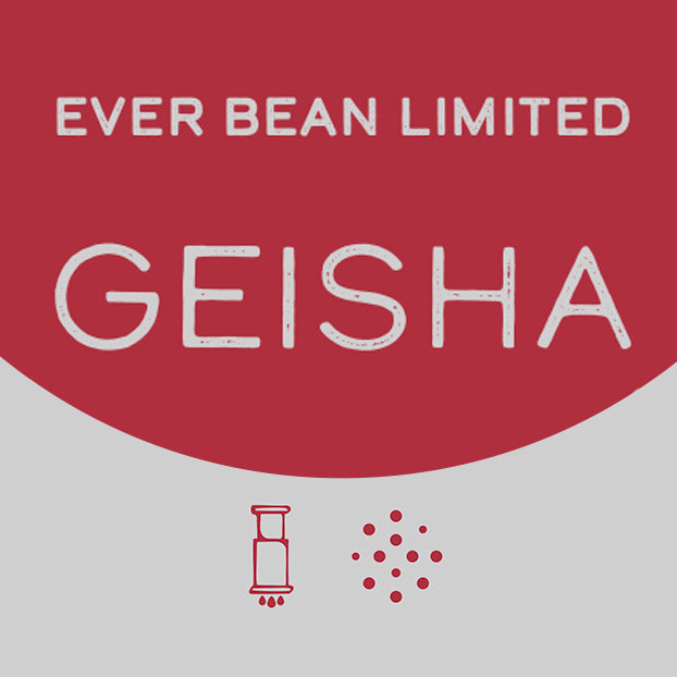 Rødt og hvidt design med teksten: "EverBean Limited, Columbia Geisha" med ikoner af en kaffekværn og kaffebønne nedenfor.