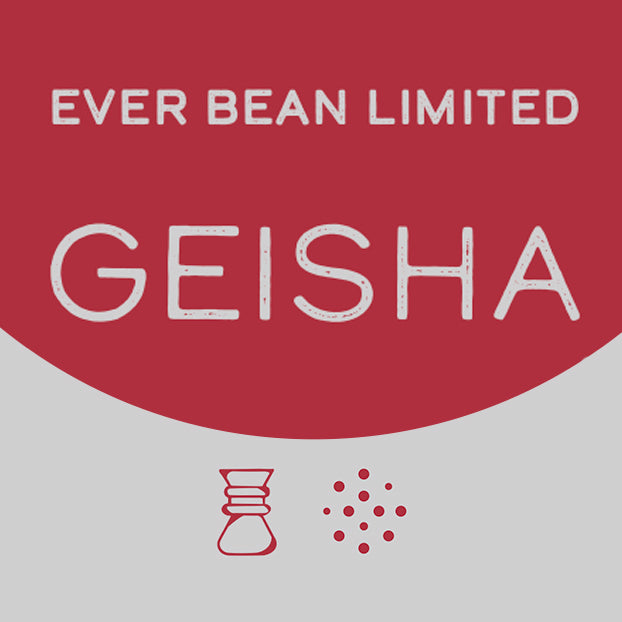 Et billede fremhæver "EverBean Limited Columbia Geisha" øverst i rødt og gråt. Nedenunder fremkalder enkle røde ikoner af en karaffel og kaffebønner raffineret enkelhed.