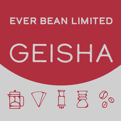 Rød og grå grafik med "EverBean Limited Columbia Geisha" på toppen, med ikoner af en fransk presse, kaffefilter, håndkværn, Chemex og kaffebønne, der forstærker dens ægthed.