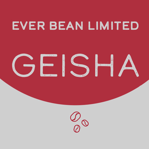 En rød og hvid annonce viser "EverBean Limited Columbia Geisha" med fed skrift, suppleret med stilfulde kaffebønne-illustrationer for ekstra charme.