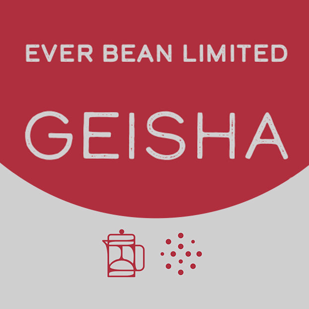 Et rødt og hvidt logo viser "EverBean Limited, Columbia Geisha." Under den er der et enkelt rødt omrids af en kaffebønne kaffekande ved siden af kaffebønnegrafik.